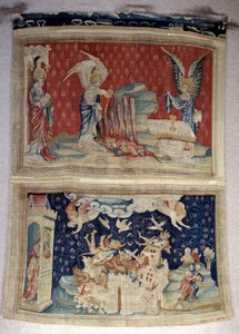 Powieszenie Objawienia (1373-1383), nr. 59: druga i trzecia butelka wylewa się na morze i wody. Na dole, przy ul. 66 Babilon jest najeżdżany przez demony. Gobelin autorstwa Nicolasa Bataille