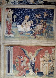 Powieszenie Objawienia (1373-1383), nr. 70: Słowo Boże ładuje Buraki. nr 74: Św. Jan przed Aniołem i Nowym Jeruzalem. Gobelin autorstwa Nicolasa Bataille