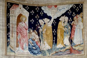 Powieszenie Objawienia (1373-1383), nr. 28: cud. Fidele, słudzy Boga i prorocy, patrzą na rzekę zamienioną w krew. Gobelin autorstwa Nicolasa Bataille