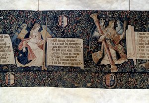 Powieszenie Objawienia (1373-1383), aniołowie niosący narzędzia Męki Pańskiej. Gobelin autorstwa Nicolasa Bataille