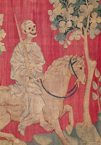 Siny koń i śmierć, z apokalipsy gobelinu gniewów, 1373-87 (gobelin) autorstwa Nicolas Bataille