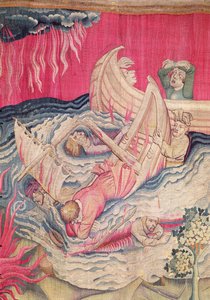 Druga trąba i wrak, fragment tonących statków, nr 21 z Apokalipsy gniewu, gobelin 1373-87 autorstwa Nicolas Bataille