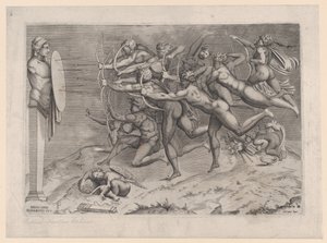 Nadzy łucznicy strzelający do tarczy przymocowanej do hermy, pod nią śpi Kupidyn, ewent...., ca. 1540-60.