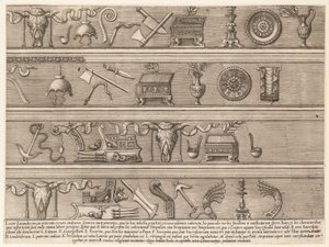 Lustro rzymskiej wspaniałości: instrumenty ofiarne oparte na starożytnych reliefach Sc..., ca. 1550-75. autorstwa Nicolas Beatrizet.