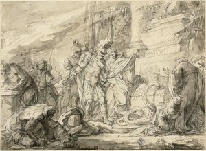 Eneasz przy Grobie Anchisesa (po prawej); Eneasz w Tomie Anchises (werset)