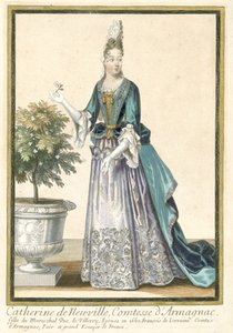 Francuskie grafiki propagujące francuską modę : Portret Catherine de Neuville, hrabiny Armagnac Katarzyna de Neuville, hrabina Armaniaku, ubrana zgodnie z francuską modą ca. 1685 autorstwa Nicolas Bonnart (fils)