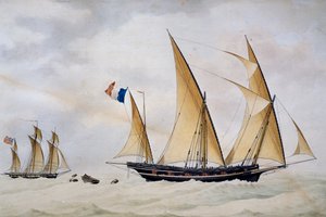 Santo Stefano di Laigueglia xebec ścigany przez angielskiego korsarza autorstwa Nicolas Cammillieri