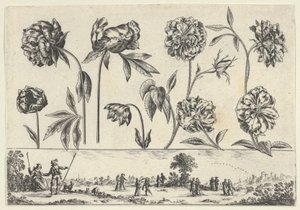 Panel poziomy z rzędem kwiatów nad fryzem z postaciami w krajobrazie, z Li..., 1645. autorstwa Nicolas Cochin