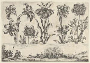 Pozioma tablica z rzędem kwiatów nad fryzem ze sceną bitewną w pejzażu, ..., 1645. autorstwa Nicolas Cochin