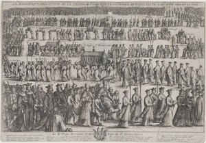 Procesja urny św. Genowefy, w sześciu rzędach maszerują duchowni i świeccy..., 1652.