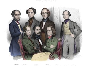 Galerie de la Gazette musicale N. 2. Celebres z 1842 r.: Fryderyk Chopin (1810-1849) Franciszek Liszt (1811-1886), Jacob (Jakob, Jacques) Rosenhain, Edouard Wolff, Zygmunt Thalberg, Adolf von Henselt, Theodor (Theodore) Dohler (1814-1856). Grawerowanie prz