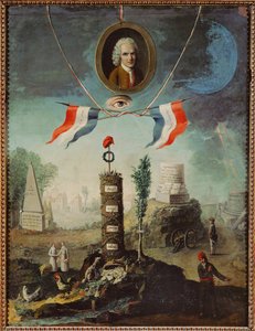 Alegoria rewolucji francuskiej z portretem Jeana-Jacquesa Rousseau i jakobińską maską frygijską ...