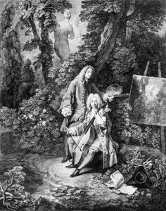 Malarz Jean Antoine Watteau (1684-1721) i jego przyjaciel Jean De Jullienne (1686-1766), grawerowanie przez Nicolasa Henri Tardieu