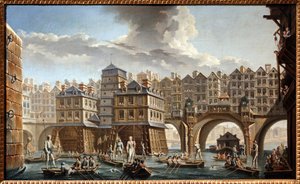 Pojedynek barek między mostem Notre Dame a Pont au Change autorstwa Nicolas and Jean Baptiste Raguenet