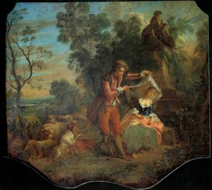 Niedyskretny pasterz Scena bukoliczna przedstawiająca młodego pasterza podnoszącego zasłonę, pod którą śpi młody pasterz. Obraz Nicolasa Lancreta (1690-1743). XVIII w. niedz. 0,84 x 0,95 m. Wycieczki, Muzeum Sztuk Pięknych autorstwa Nicolas Lancret