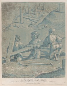 Wynalezienie krzyża, trzech mężczyzn podnoszących krzyż z rowu, z „Recueil…”, ca. 1729-64. autorstwa Nicolas Le Sueur