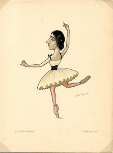 Portret Tamary Karsaviny (1885-1978) Rosyjskiej baletnicy - Litografia Nikołaja Gustawowicza Legata (1869-1937), zaczerpnięta z Ballet russe en caricatures