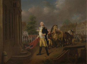 Generał Humphreys przekazujący sztandary zdobyte pod Yorktown do Sali Kongresowej w Filadelfii autorstwa Nicolas Louis Albert Delerive