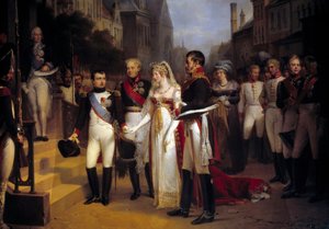 Cesarz Napoleon Bonaparte (1769-1821) przyjął królową Ludwikę Pruską w Tilsit (Tilsit) 6.07.1807. Na schodach czeka na dyplomatę Talleyrand. Obraz Nicolasa Louisa Gosse (1787-1878) 1837 Nd. 3,51x4,92 m Wersal, musee du Chateau - The