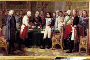 Wywiad w Erfurcie, 27 września - 14 października 1808: Napoleon I przyjmuje barona Vincenta, austriackiego dyplomatę i wysłanego od cesarza Austrii. Pośrodku między dwiema postaciami widzimy Charlesa Maurice