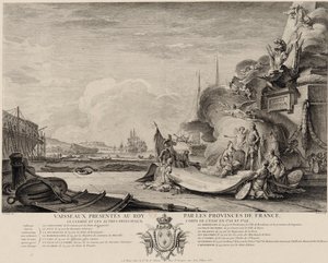Alegoryczna rycina przedstawiająca dar statków ok. 1762 r. autorstwa Nicolas Ozanne