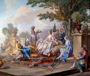 Obiad Sułtana. Obraz na miękkiej porcelanie – Nicolas Pierre Pithou Le Jeune (XVIII w.) 1783 Wym. 0,39x0,49 m Sevres, cytat ceramiczny - Śniadanie sułtanki. Obraz porcelany z miękkiej pasty autorstwa Nicolasa Pierre Pithou The Younger (XVIII wiek) autorstwa Nicolas Pierre the Younger Pithou