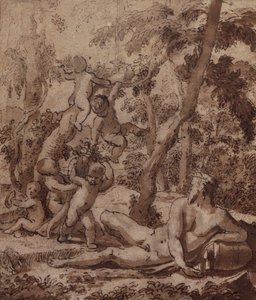 Zalesiony krajobraz z rzecznym bogiem i Putti (pióro i atrament) autorstwa Nicolas Poussin