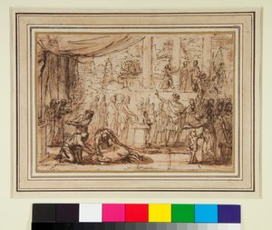 Antyczna Ofiara w Świątyni (pióro i brązowy tusz oraz brązowa farba na czerwonej kredzie) autorstwa Nicolas Poussin