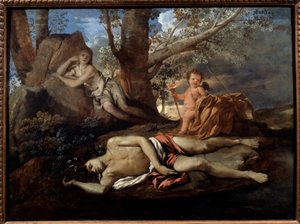 Echo i ilustracja Narcyza do legendy, która zainspirowała Owidiusza w „”Les Metamorphoses”” Obraz Nicolasa Poussina (1594-1665) Słońce XVII wieku. 0,74x1m Paryż, autorstwa Nicolas Poussin