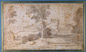 Krajobraz z dużym drzewem pośrodku i belwederem autorstwa Nicolas Poussin