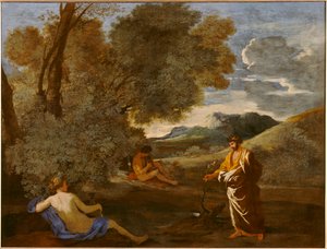 Midas zamieniający gałąź cisu w złoto, jak powiedział kiedyś Numa Pompiliusz i nimfa Egeria autorstwa Nicolas Poussin