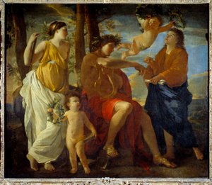 Inspirację poety Un poete, lirę w dłoni i nakrycie głowy z wawrzynu otaczają Muzy i putta. obraz Nicolasa Poussina autorstwa Nicolas Poussin