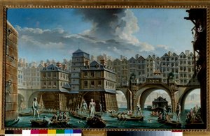 Gra żeglarska między Pont Notre-Dame a Pont-au-Change Gra morska na Sekwanie w Paryżu. Obraz Nicolasa Jeana Baptiste Ragueneta (1715-1793) 1756 Paryż, Musee Carnavalet