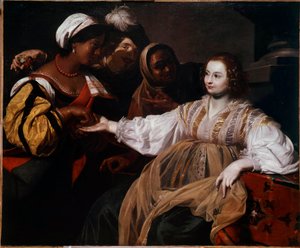 Wróżka Pewna kobieta przyszła po poradę do palmisty. Obraz Nicolasa Regniera (1591-1667) Nd. 1,2x1,5m² autorstwa Nicolas Regnier
