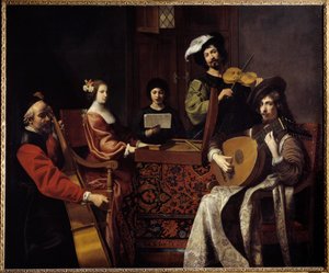 Muzyka baroku: „Koncert””” Muzycy grający na instrumentach smyczkowych. Obraz Nicolasa Tourniera (1590-1657) XVII w. Niedz. 1,88x2,26 m²