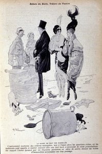 Paryż: śmieci gromadzą się na ulicy przed elegancko ubranymi ludźmi. Ilustracja prasy francuskiej autorstwa H. Tourniera autorstwa Nicolas Tournier