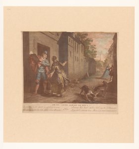 Straat Gezicht spotkał człowieka z książką Albo nigdy nie myśl o wszystkim (tytuł na obiekcie) Fabels van Jean de La Fontaine (tytuł serii) Suite of New Prints for the Tales of La Fontaine (tytuł serii) autorstwa Nicolas de Larmessin (III)
