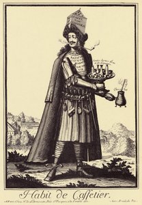 Caffettier: "Habit de Caffettier" (ekspres do kawy lub sprzedawca kawy, czekolady, herbaty, likierów) Rysunek satyryczny z "Costumes Grotesques" Nicolasa de Larmessin (1640-1725).