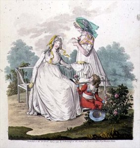 Chłopiec w bryczesach i sukienkach z krynoliny z „Galerii Mody” N. Heideloffa, wrzesień 1795 (kolorowa grawerunek) autorstwa Nicolaus von Heideloff