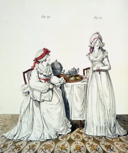 Dwie panie przy śniadaniu w garderobie, w nocnych czapkach i peniuarach, z „Galerii Mody” Nikolausa Heideloffa, tom I, listopad 1794
