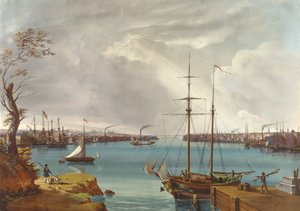 Widok na Nowy Jork, Brooklyn i Navy Yard ze wzgórz w pobliżu Willamsburga, ok. 1835-45 (gwasz, wc na papierze)