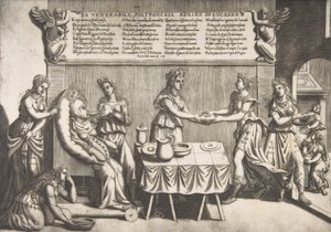 Czcigodna bezczynność, królowa Cockaigne, gruba kobieta siedząca na ruchomym krześle toaletowym będąca..., 1565. autorstwa Nicolo Nelli