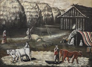 Dziedziniec młócący. Wieczór (terrain de battage, le soir) par Pirosmani (Pirosmanashvili), Niko (1862-1918). Olej na tekturze, rozmiar: 77x106