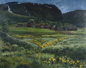 Czerwcowa noc i stare podwórko zachodniej Norwegii (olej na płótnie) autorstwa Nikolai Astrup