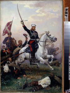 Guerre russo turque (russo-turque) (1877-1878): generał Michaił F. Skobelev (1843-1882) kawaler lors de la bataille du col de Shipka en 1877 (gen. Michaił F. Sobelek na koniu) - Peinture de Nikolai Dmitrievich Dmitriev Orenbourgski (Dmitriev-Oren