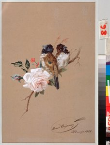 Dwa ptaki na róży - praca Nikołaja Jegorowicza Sverchkova (Nicolas Swertschkoff) (1817-1898), akwarela i tusz na papierze