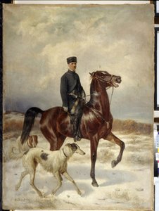 Łowca (Łowca). Na koniu w towarzystwie swoich psów rasy Barzoi (chart rosyjski). Obraz Nikołaja Jegorowicza Sverchkova (Nicolas Swertschkoff) (1817-1898), olej na płótnie. Sztuka rosyjska