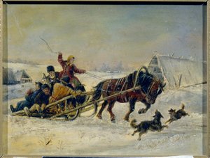 Mardi Gras (zapusty). (Po uroczystości kobieta towarzyszy pijanym mężczyznom na swoich saniach zaprzężonych w konie). Obraz Nikołaja Jegorowicza Sverchkova (Nicolas Swertschkoff) (1817-1898), olej na płótnie. Sztuka rosyjska