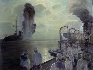 Rewolucja rosyjska 1917 r .: Rosyjska Flota Czarnomorska zatapia własne statki 18 czerwca 1918 r. (Samozatopienie Floty Czarnomorskiej 18 czerwca 1918 r.). Malarstwo Nikolai Eviampievich Bublikov (1871-1942), olej na płótnie autorstwa Nikolai Evlampievich Bublikov
