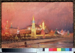 Oświetlenie Kremla Moskiewskiego. Miejski krajobraz, rosyjskie flagi i tłumy zgromadzone na nabrzeżach wzdłuż Moskwy. Obraz Nikołaj Nikołajewicz Gritsenko (1856-1900), olej na płótnie 1896. Sztuka rosyjska, pa autorstwa Nikolai Nikolaevich Gritsenko